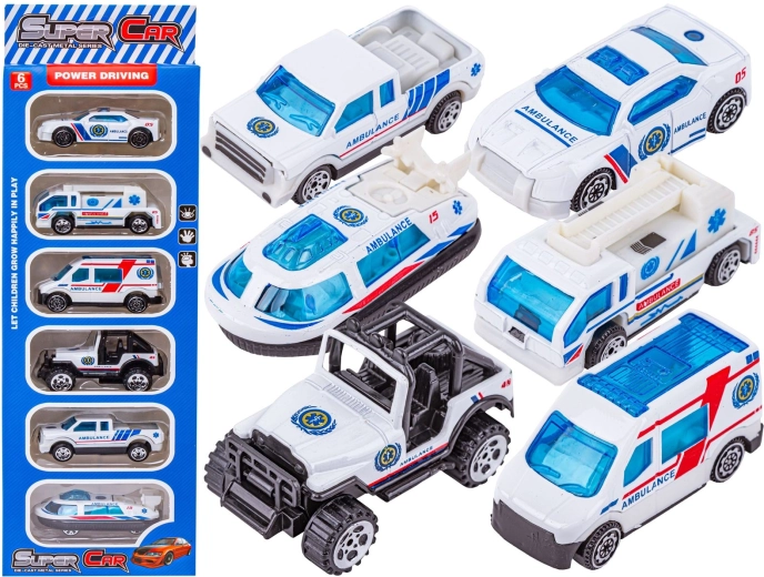 Set di veicoli di soccorso in metallo 6 pz 1:64 – ambulanza e veicoli di supporto