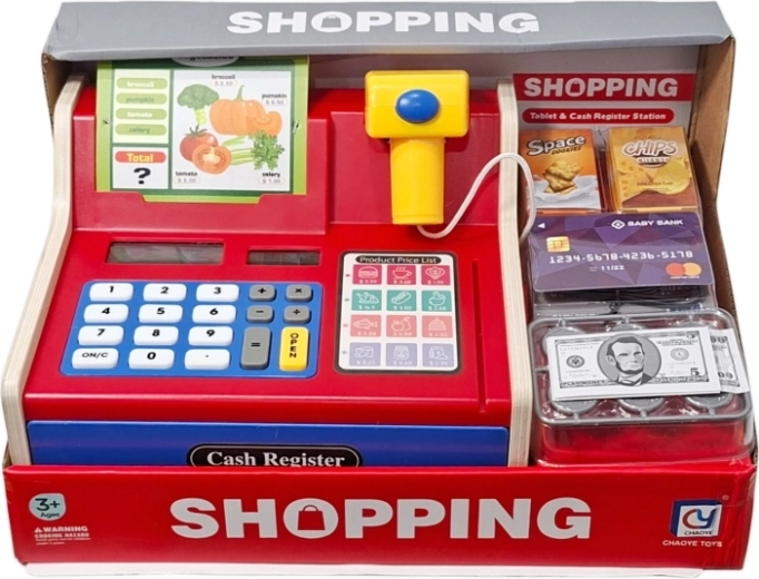 Registratore di cassa giocattolo in legno per bambini con accessori