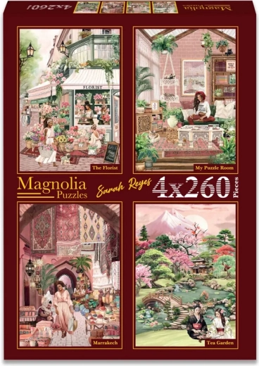 Puzzle Magnolia Fioreria, La mia stanza, Marrakech e Giardino del tè 4×260 pezzi