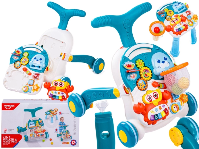 Girello interattivo per bambini e tavolino educativo 2 in 1 con basket blu