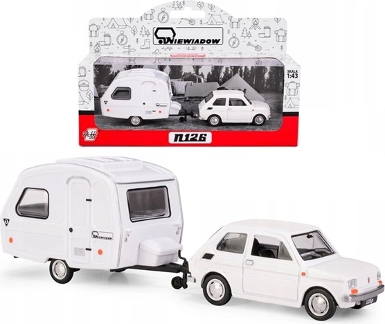 Fiat 126p con caravan Niewiadów N126, bianco, modello 1:43