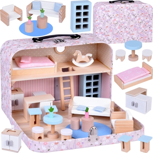 Casa delle bambole floreale in valigetta con mobili in legno