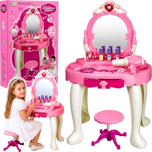 Toeletta per bambini con specchio, luci e suoni, con sgabello e phon (rosa)