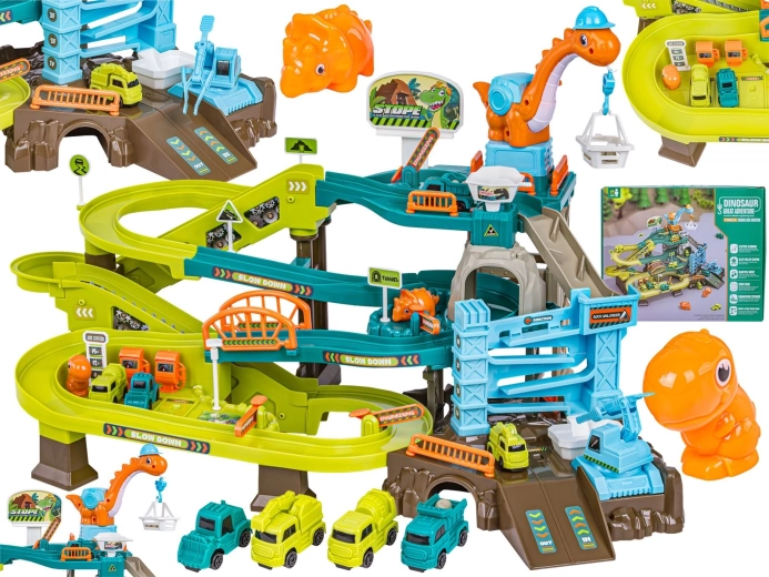 Parcheggio e pista per bambini con automobiline e biglie dinosauro