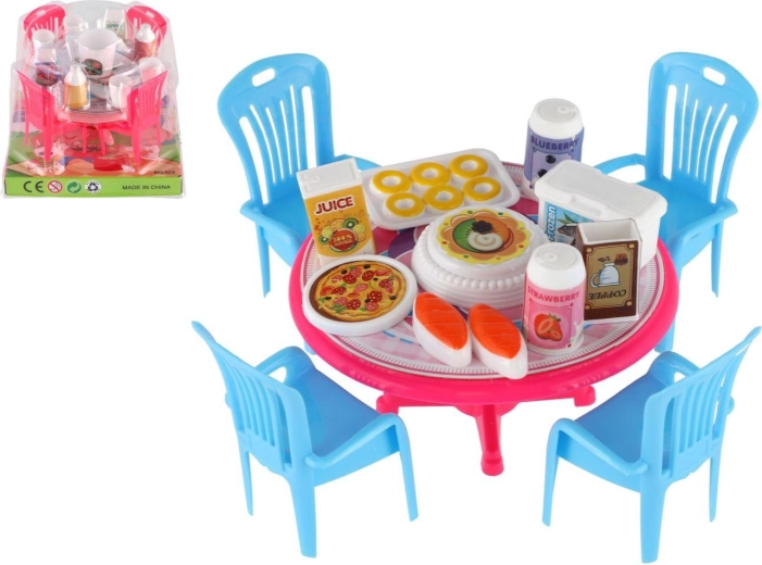 Set da pranzo giocattolo con tavolino, sedie e alimenti