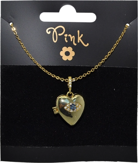 Collana placcata oro con ciondolo a cuore apribile e occhio portafortuna