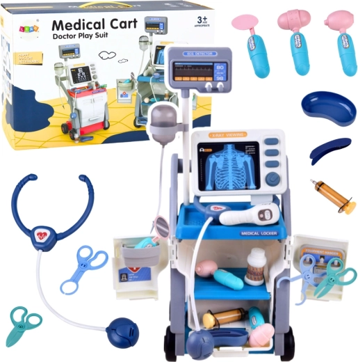 Carrello medico per bambini con pannello radiografico ed ECG, luci e 16 pezzi