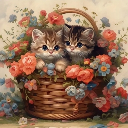 Pittura con numeri Gatti nel cestino con fiori 40 × 50 cm