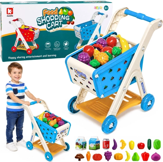 Carrello della spesa per bambini con alimenti e accessori, blu (26 pezzi) - 1 pezzo