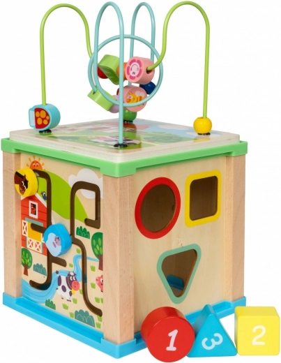 Cubo attività in legno con labirinto e orologio