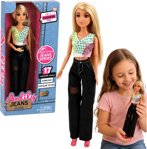 Bambola alla moda Anlily in jeans neri con top colorato, 30 cm