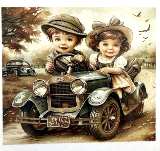 Norimpex pittura con diamanti bambini in un'auto d'epoca 30 × 40 cm