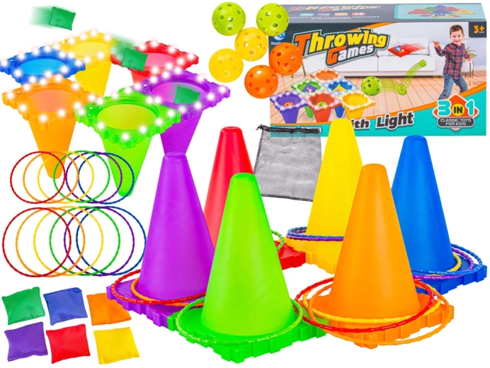 Gioco di abilità 3 in 1 – tiro al bersaglio con coni LED, palline, sacchetti e cerchi