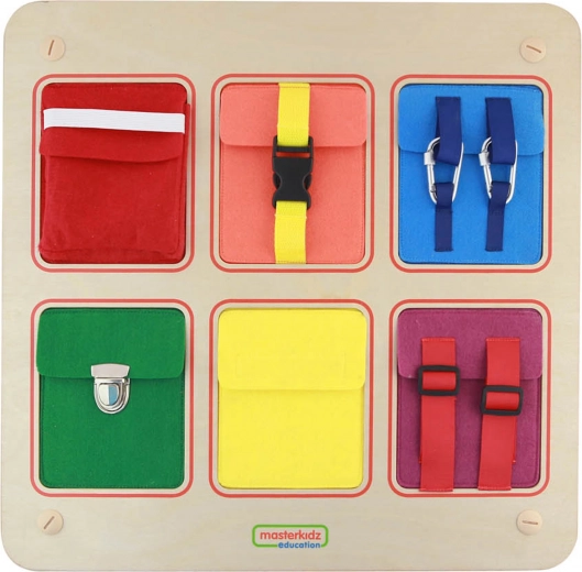 Masterkidz pannello manipolativo da parete in legno con tasche, fibbie e velcro