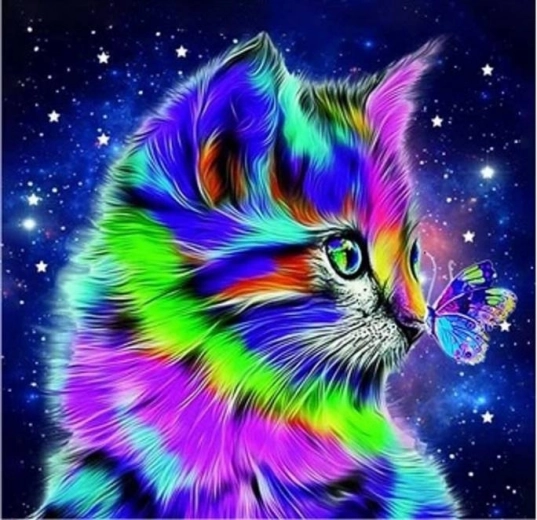 Mosaico di diamanti - Gatto con farfalla nella notte
