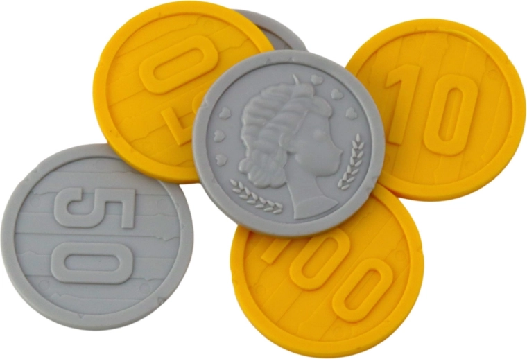 Monete e accessori per giochi di compravendita e caccia al tesoro