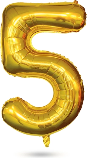 Palloncino in foil dorato a forma di numero 5 per compleanno, 40 pollici