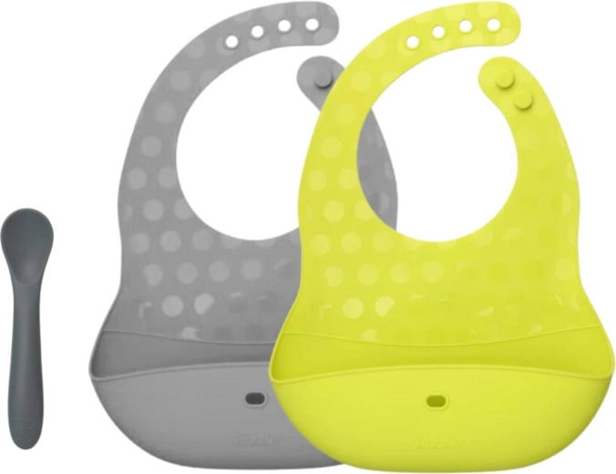 Bblüv Pöket set da viaggio di bavaglini e cucchiaio in silicone lime/grey