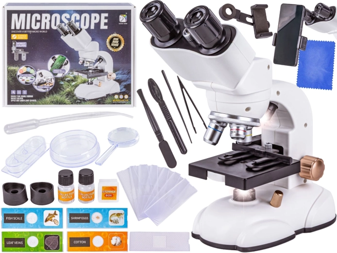 Microscopio educativo con illuminazione LED e supporto per telefono 200×/800×/1600×