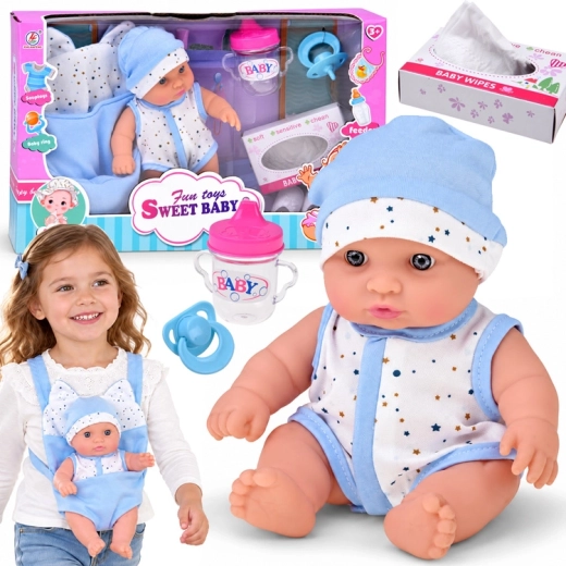 Bambola bebè 20 cm nel marsupio con ciuccio, biberon e accessori
