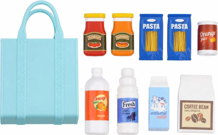 Mini alimenti e borsa della spesa per giocare a fare la spesa
