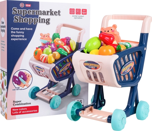 Carrello della spesa per bambini con alimenti e accessori, blu