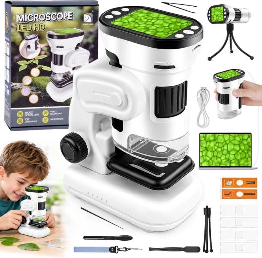 Microscopio digitale per bambini 1000× con display da 2", LED e fotocamera (menu in polacco)