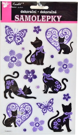 Adesivi gatti nero‑viola con strass decorativi (foglio 14 × 21 cm)