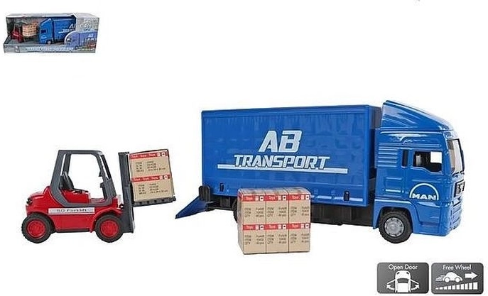 Camion giocattolo per bambini con carrello elevatore e cartoni, 17 cm