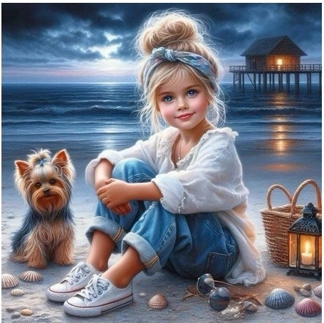 Mosaico di diamanti Ragazza con cane sulla spiaggia