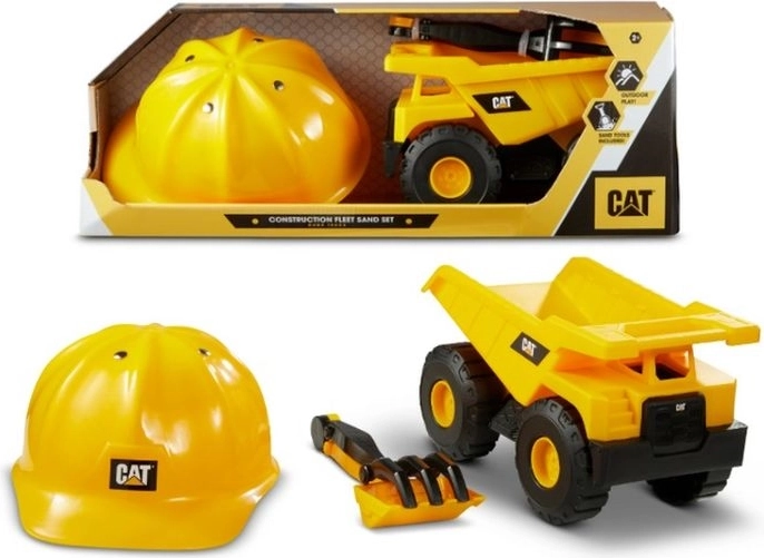Camion ribaltabile e bulldozer CAT con casco da cantiere per bambini