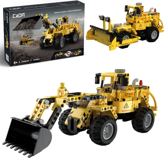 Set di costruzioni CaDA veicoli da cantiere gialli 2 in 1 pala caricatrice e bulldozer
