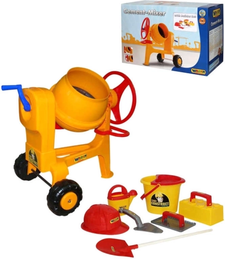 Betoniera giocattolo per bambini Wader Construct con attrezzi da muratore e casco