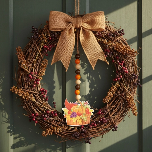 Decorazione autunnale sospesa a forma di cesto dell’abbondanza in legno 29 × 9 cm