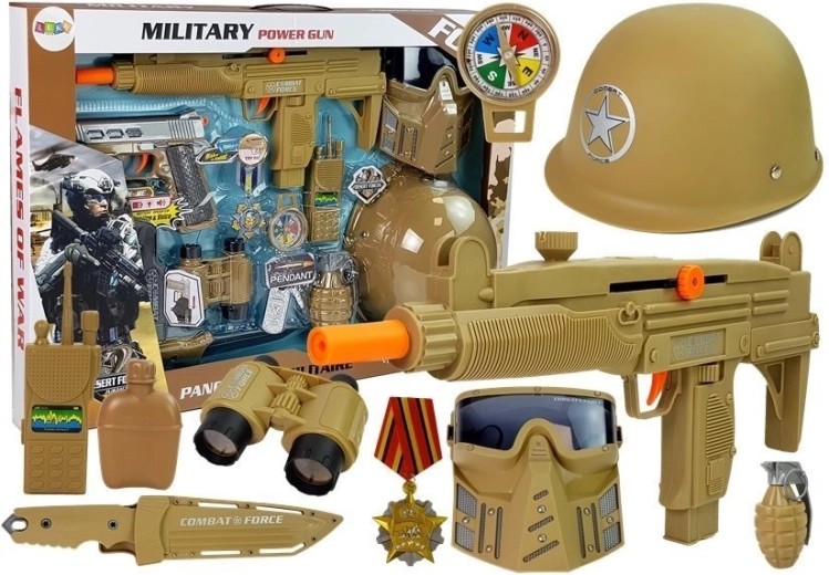 Set militare per bambini con elmetto, maschera, pistole e granata con suono