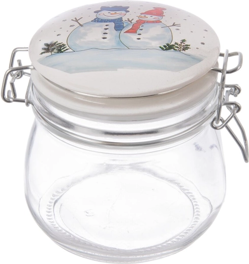 Barattolo in vetro con clip e coperchio in ceramica con pupazzo di neve 0,5 l