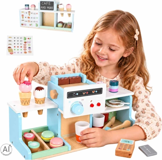 Caffetteria e pasticceria in legno per bambini con macchina del caffè e gelato