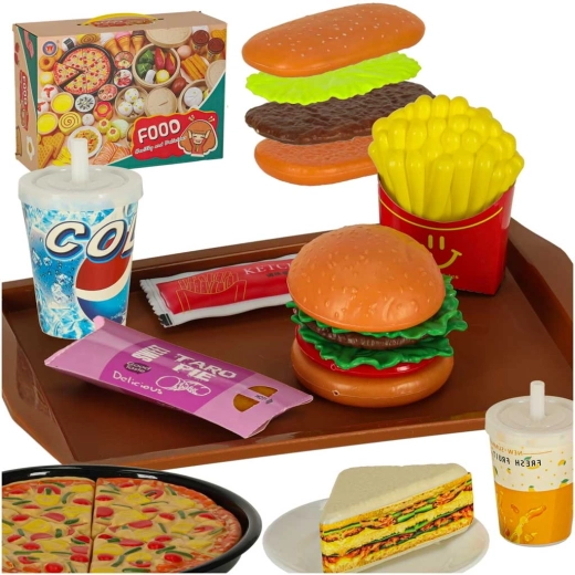 Set di cibo giocattolo in plastica per bambini – pizza, dessert e bevande (56 pezzi)