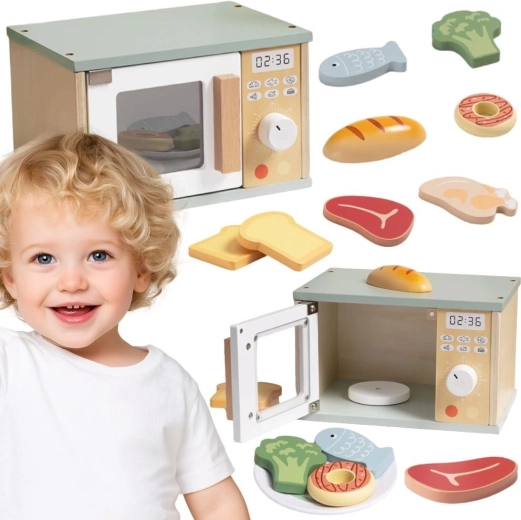 Forno a microonde in legno Tooky Toy con alimenti