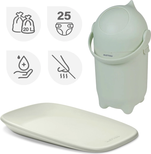 Set Nattou: cestino per pannolini Dropy e materassino fasciatoio Softy Green 50 × 70 cm