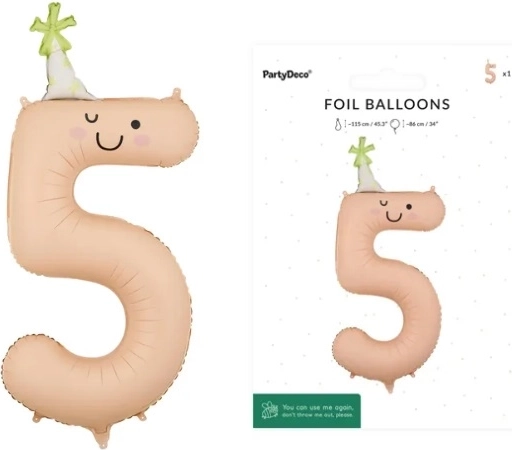 Palloncino in foil numero 5 color pesca con faccina 86 cm