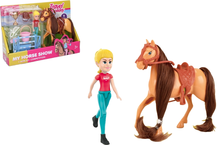 Set di gare equestri con cavallo marrone e figurina