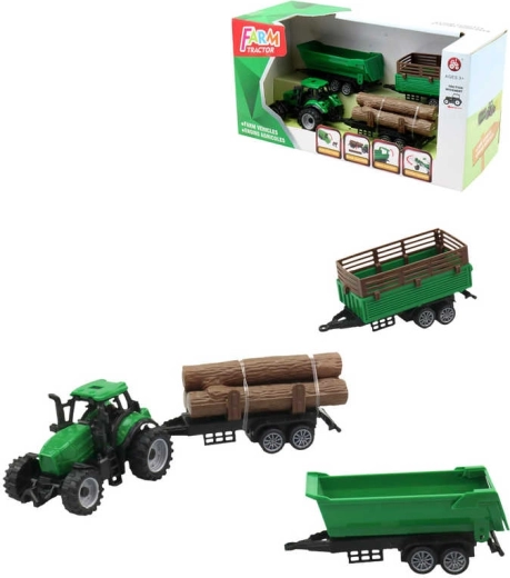 Trattore verde con 3 rimorchi e tronchi di legno – set di gioco