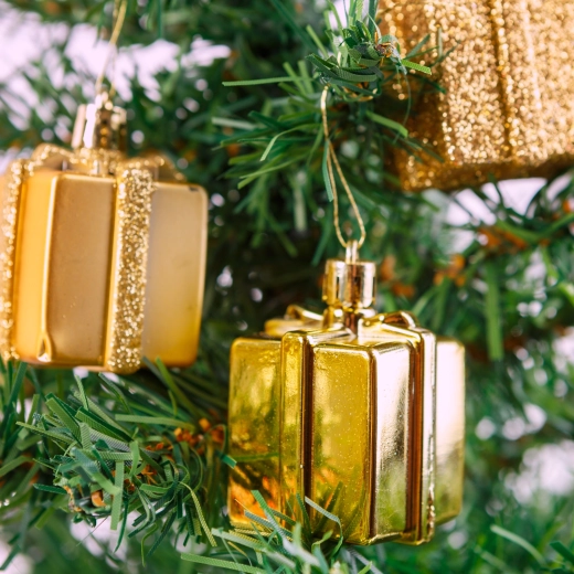 Set di decorazioni natalizie a forma di regalo dorato, 6 pezzi