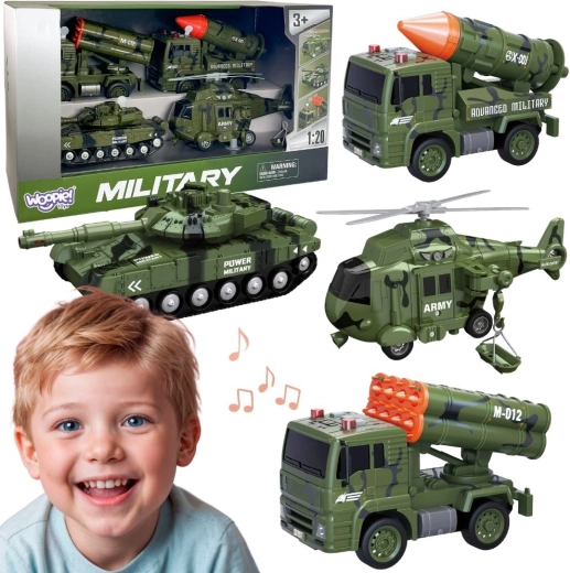WOOPIE set di veicoli militari con lanciarazzi, carro armato ed elicottero 4 pz, scala 1:20