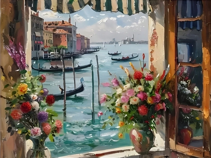 Norimpex Dipingere con i numeri Finestra con vista sul porto veneziano 40 × 50 cm