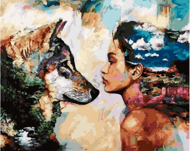 Quadro da dipingere con i numeri 50 × 40 cm Vista – lupo e donna