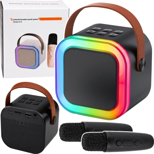 Set karaoke wireless K12 – altoparlante Bluetooth con due microfoni e luci LED (nero)