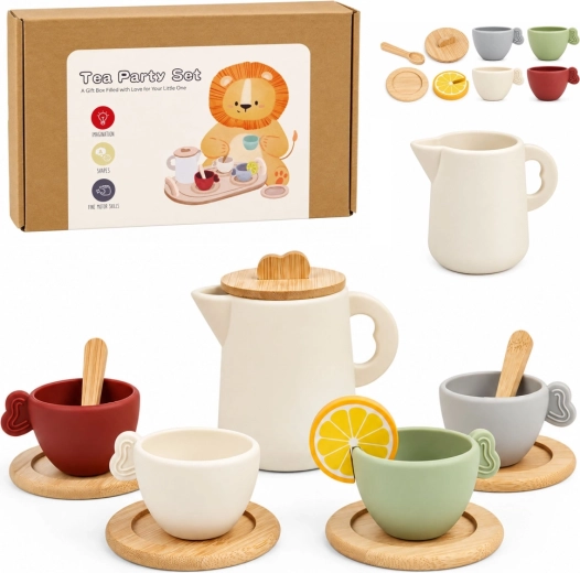 Set da tè in legno per bambini con teiera e vassoio