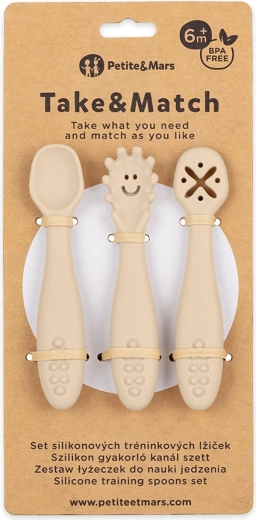 Petite&Mars set di 3 cucchiaini da allenamento in silicone Take&Match desert sand 6m+
